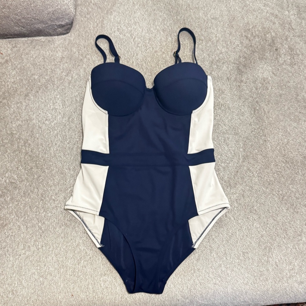 Tory Burch Swim Lipsi Colorblock Navy White Bandeau One-Piece Swimsuit Size M - Picture 8 of 10
